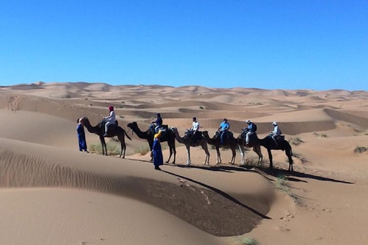 Resa från Erfoud till Merzougaöknen, middag, kamelritt, solnedgång