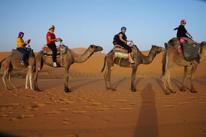 Resa från Erfoud till Merzougaöknen, middag, kamelritt, solnedgång