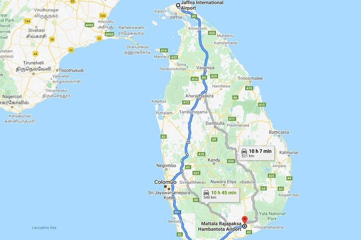 Jaffna Intl. Lufthavn (IATA: JAF) til Mattala Intl. Lufthavn (IATA: HRI) Overførsel