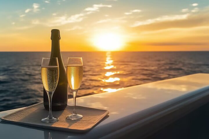 Solnedgång på en yacht på Torrevieja-kusten med champagne
