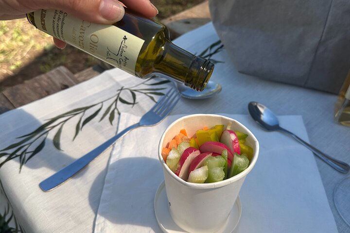 Picknick tussen de olijfbomen en proeverij van olijfolie en lokale smaken