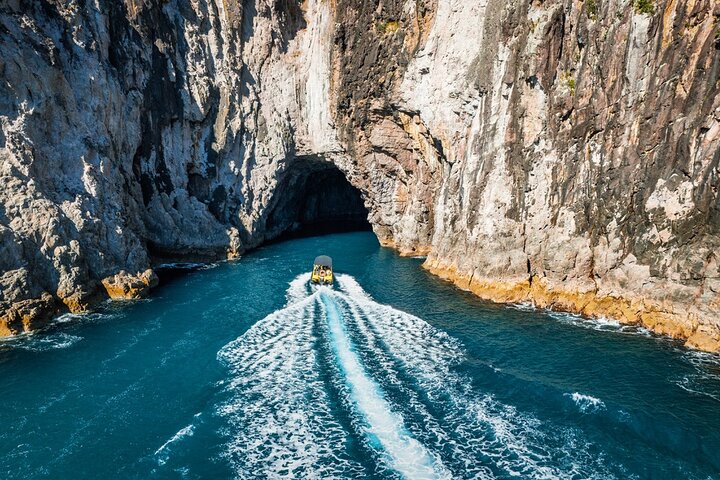 2 timers bådtur til Cathedral Cove og vulkansk kyst
