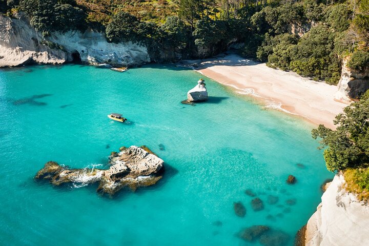 2 timers bådtur til Cathedral Cove og vulkansk kyst