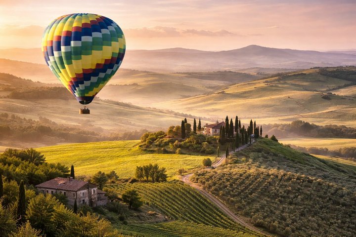 Montgolfière au-dessus des collines de Pienza, Montalcino et Val D'Orcia