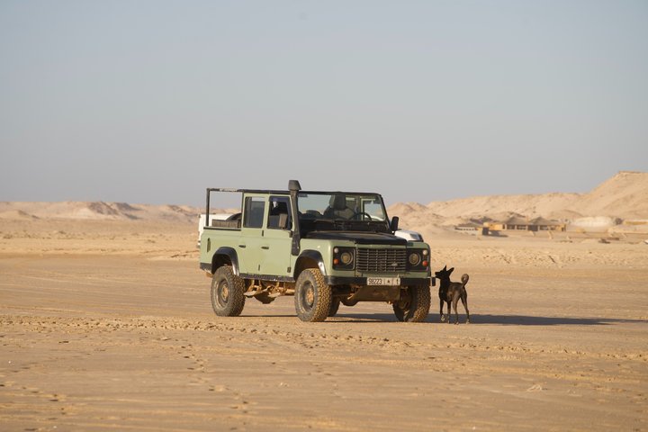 Exploración y sandboarding en las dunas blancas con un Land Rover Safari clásico.
