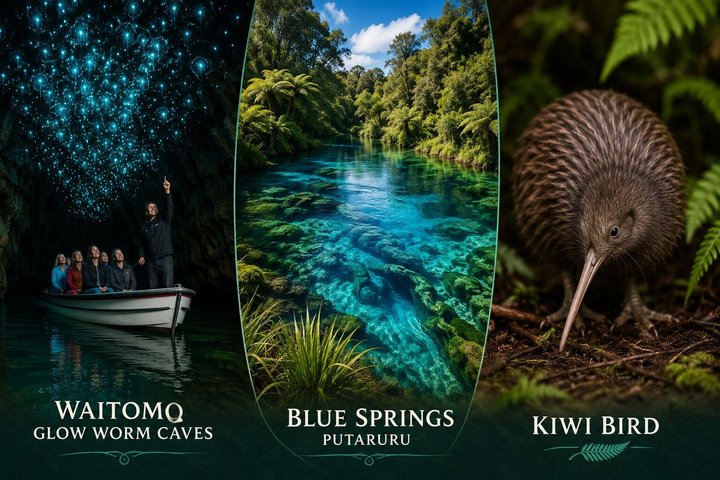 Auckland naar Waitomo Glowworms, Kiwi House & Blue Springs dagtour