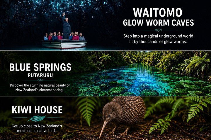 Auckland naar Waitomo Glowworms, Kiwi House & Blue Springs dagtour