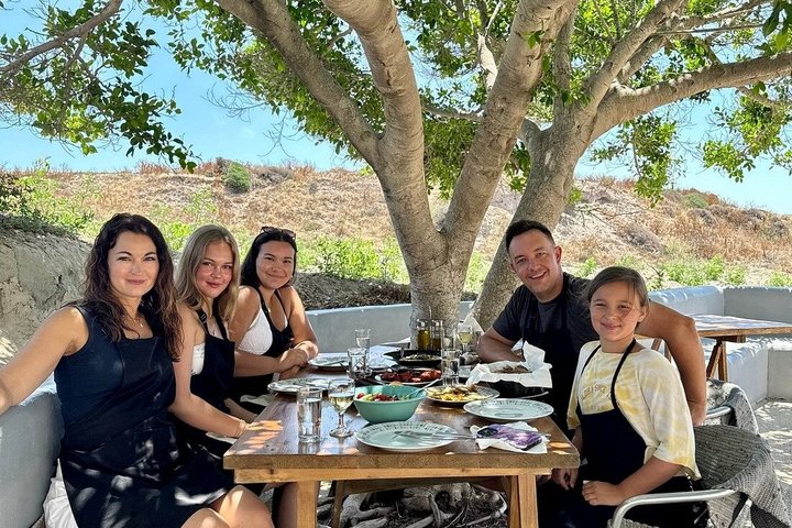 Excursão gastronômica e vinícola na fazenda familiar de Santorini com aula de culinária